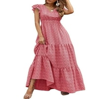 Bomotoo Női hosszú ruha Rövid ujjú Maxi ruhák fodros nyári strand Sundress alkalmi Ünnep Piros XL