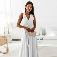 Női ruhák nyári alkalmi ruha szilárd V-nyakú ujjatlan Surplice ruha közepes hosszúságú laza ruhák Fehér XL