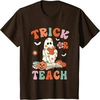 Groovy Halloween trükk vagy tanítani Retro virágos szellem tanár póló