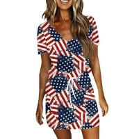Női ruhák Függetlenség Napja amerikai zászló V nyakú Mini elasztikus deréköv Rövid ujjú zsebekkel ruha
