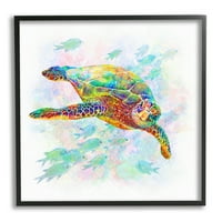 Stupell Industries Kaleidoscopic Sea Turtle Speckled szivárványos halak úszás grafikus művészet fekete keretes művészet