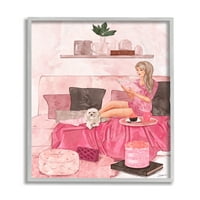 Stupell Industries Fashionista olvasás kutya rózsaszín szobájú belső szürke keretes, 20, design by ziwei li